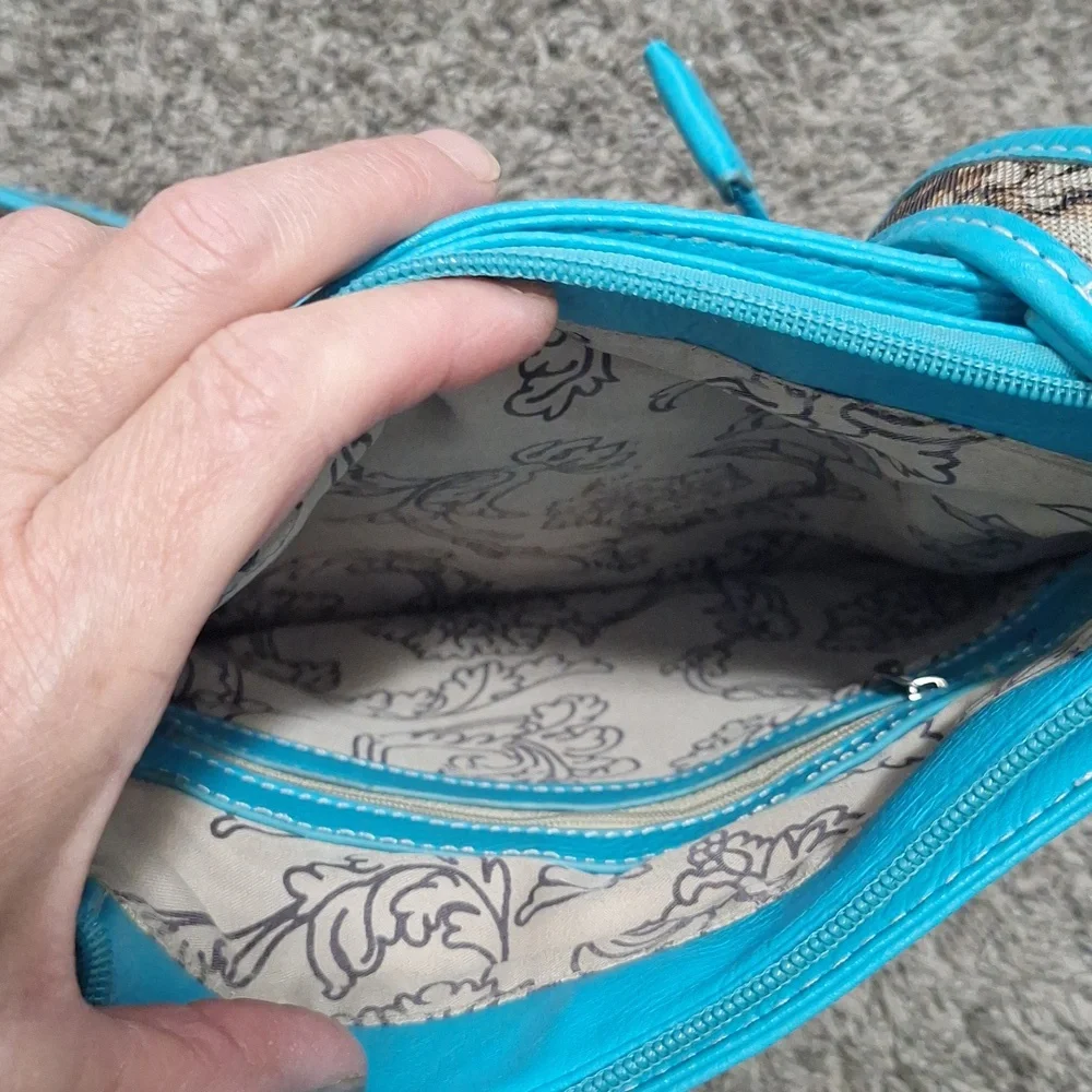 Faux leather and camouflage canvas studded rhinestone crossbody bag - teal/green